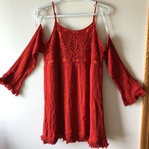 Burnt orange crochet cold shoulder dress sz L